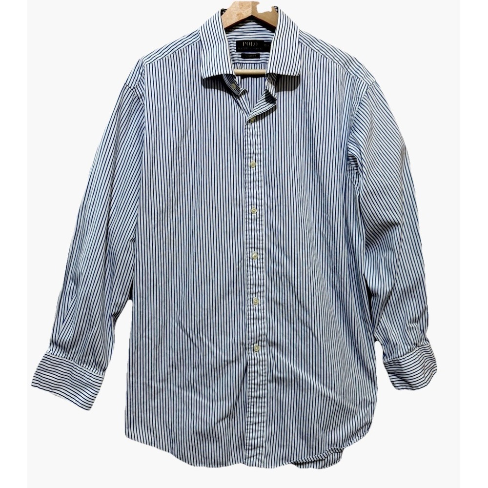 Polo Ralph Lauren Shirt Blue White Striped Button Down Long Sleeve Classic 17.5